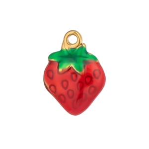 Detailed view of a red strawberry pendant with green leaves and gold plated loop