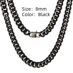 Macro detail of 8mm black stainless steel Cuban link chain with a secure lobster clasp