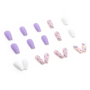 Glossy lavender and white coffin press-on nails with silver glitter wavy line patterns