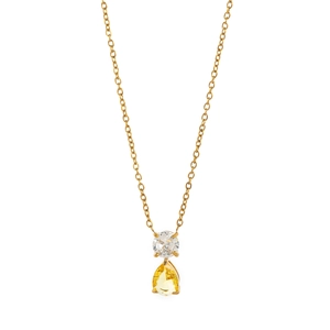 Vintage titanium steel necklace with white round and yellow pear birthstones in 18K gold finish