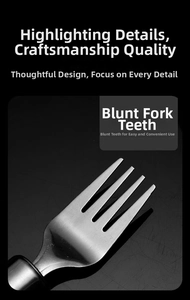 Detail of a stainless steel fruit fork with polished blunt teeth and brushed texture