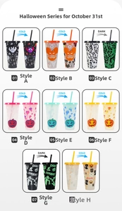 Detailed view of Halloween themed color-changing plastic cups with straws and lids