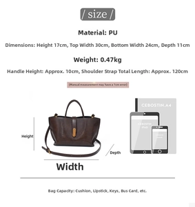Detailed size chart for PU leather tote bag showing dimensions and capacity with iPad scale