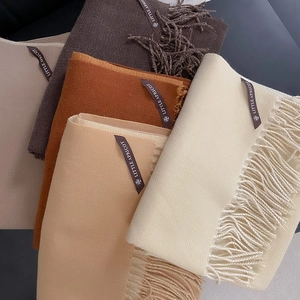 Winter pashmina scarf set in beige, camel, and brown colors with fringe details
