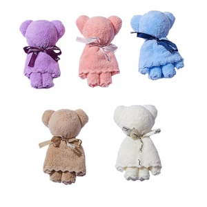Cute bear-shaped coral velvet towels in five colors with Just For You ribbons