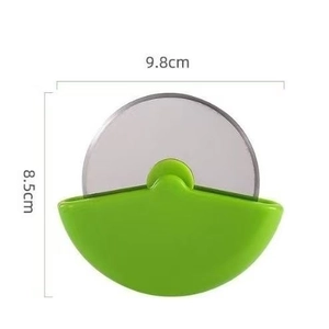 Stainless steel pizza cutter with green handle, size 9.8cm x 8.5cm, professional baker tool