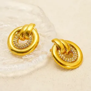Geometric Hoop Stud Earrings Gold Plated 304 Stainless Steel Sparkling Rhinestone Elegant Fashion Jewelry For Women