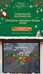 Detail showing UV printed Merry Christmas glass decals with candy canes and pine branches