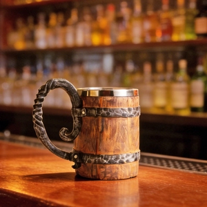 Detail of medieval Viking style mug with rustic wood texture and stainless steel liner