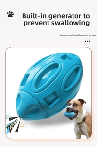 Detail of durable blue rubber dog rugby toy with built-in squeaker and anti-swallow design