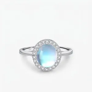 Moonstone Ring 925 Sterling Silver Oval Cabochon With Zircon Halo Elegant Minimalist Fashion Jewelry For Women