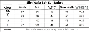 Size guide for striped blazer jacket showing length, chest, shoulder and sleeve measurements