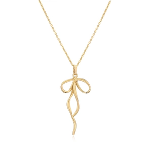 Elegant 18K gold-plated ribbon bow necklace with refined pearl drop pendant on white background