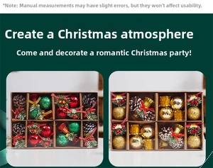 Detailed view of red, green, and gold Christmas ball ornaments and pine cones in gift boxes