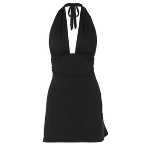Detail view of black deep V-neck halter dress with ruched waist and mini skirt length