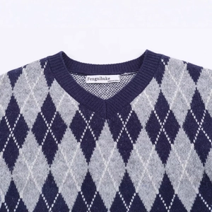 Classic V-neck argyle knit sweater in navy blue, grey and white with ribbed texture