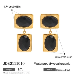 Waterproof gold stainless steel earrings with black oval stones, hypoallergenic design