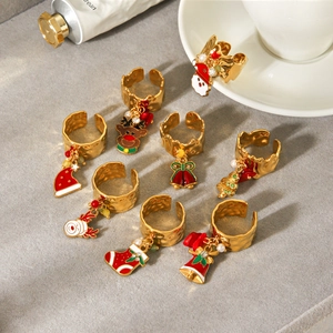 Christmas Stainless Steel Adjustable Open Rings With Enamel Santa Elk Bell Pendants Faux Artificial Pearl Rhinestone Jewelry For Women