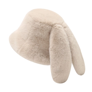 Cute bunny ear faux fur bucket hat for women in cream beige plush winter style