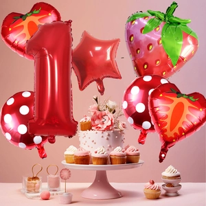 32-inch red number 1 strawberry balloon set for birthday party decoration with star accents