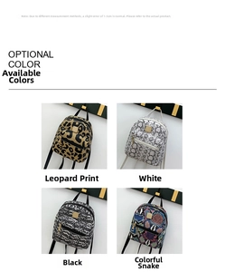 Detail view of mini PU leather backpacks in leopard and snake print patterns