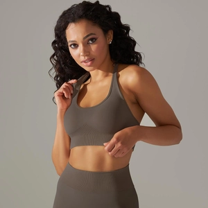 Detail view of the seamless ribbed fabric on this taupe yoga set for women