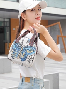 Women Small Handbag Jacquard Fabric Ethnic Style Butterfly Animal Patterns Shell Shape Zipper Closure Portable Tote