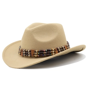 Chapeau de cowboy en laine kaki vintage avec bandeau ethnique perlé pour hommes et femmes