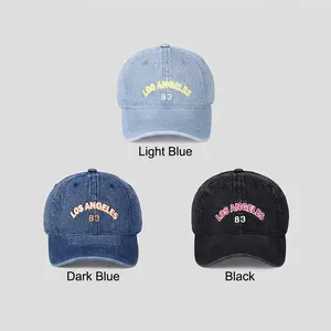 Distressed denim baseball caps with embroidery in light blue, dark blue and black colors