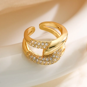 Snake shaped 18K gold plated open ring with sparkling cubic zirconia pavé stones