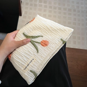 Floral canvas makeup bag with tulip embroidery and large capacity for travel storage