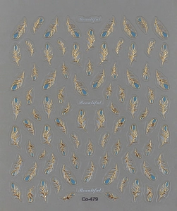 Detailed 5D bronzing nail art sticker featuring light blue feathers with gold outlines