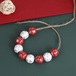 Christmas red and white 16mm wooden beads with snowflake prints and rustic hemp rope