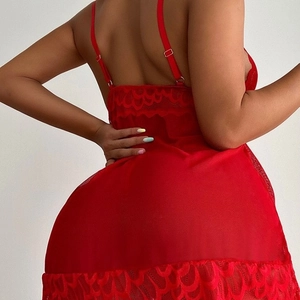 Red sexy lace embroidery sheer babydoll sleepwear with adjustable straps for women
