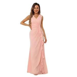 Elegant V-neck sleeveless pink chiffon evening gown with side ruffle and cascading drape