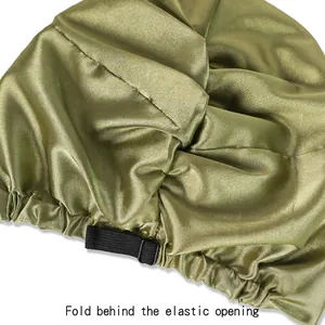Adjustable grass green satin sleep cap with elastic strap and premium silk texture