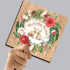Detail of wooden texture background paper featuring rabbits and Welcome Home floral design
