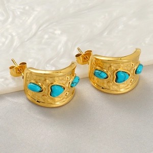 Bohemian gold stainless steel earrings with heart-shaped blue turquoise inlay and hammered texture