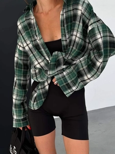 Women's vintage green plaid oversized long sleeve button down shirt jacket