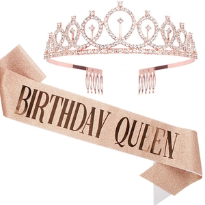 Rose gold birthday party kit with rhinestone crown and glitter Birthday Queen sash