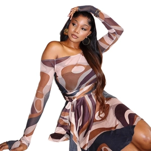 Elegant brown mesh mini dress with abstract print, off-shoulder long sleeves and waist tie