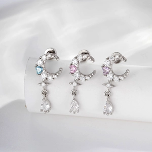 Moon Star Cartilage Earring Stud Copper Zircon Heart Waterdrop Pendant Piercing Jewelry Vintage Screw Back For Women