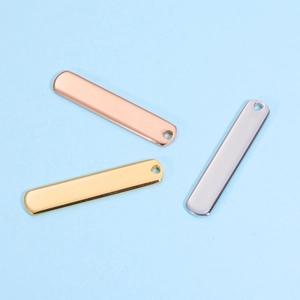Polished rectangular stainless steel bar pendants in rose gold, gold, and silver finishes