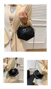 Three-way view of a black geometric quilted handbag with silver chain and top handle