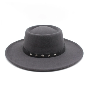 Dark gray wool felt flat top boater hat with black star studded ribbon for autumn winter