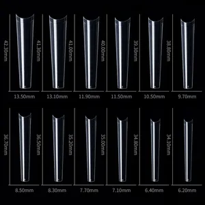 Detailed size chart showing dimensions for 12 sizes of extra long square nail tips