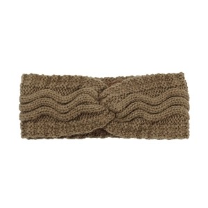 Detailed close-up of brown chunky knit headband with fleece lining and central twist knot