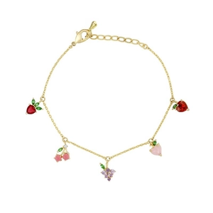 Gold adjustable bracelet with colorful zirconia fruit charms like cherry and peach
