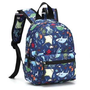 Detailed side view of 13-inch blue kids backpack with colorful marine animal prints