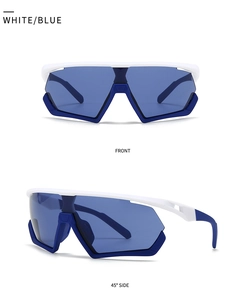 Front and 45-degree side views of white oversized sports sunglasses with blue lenses